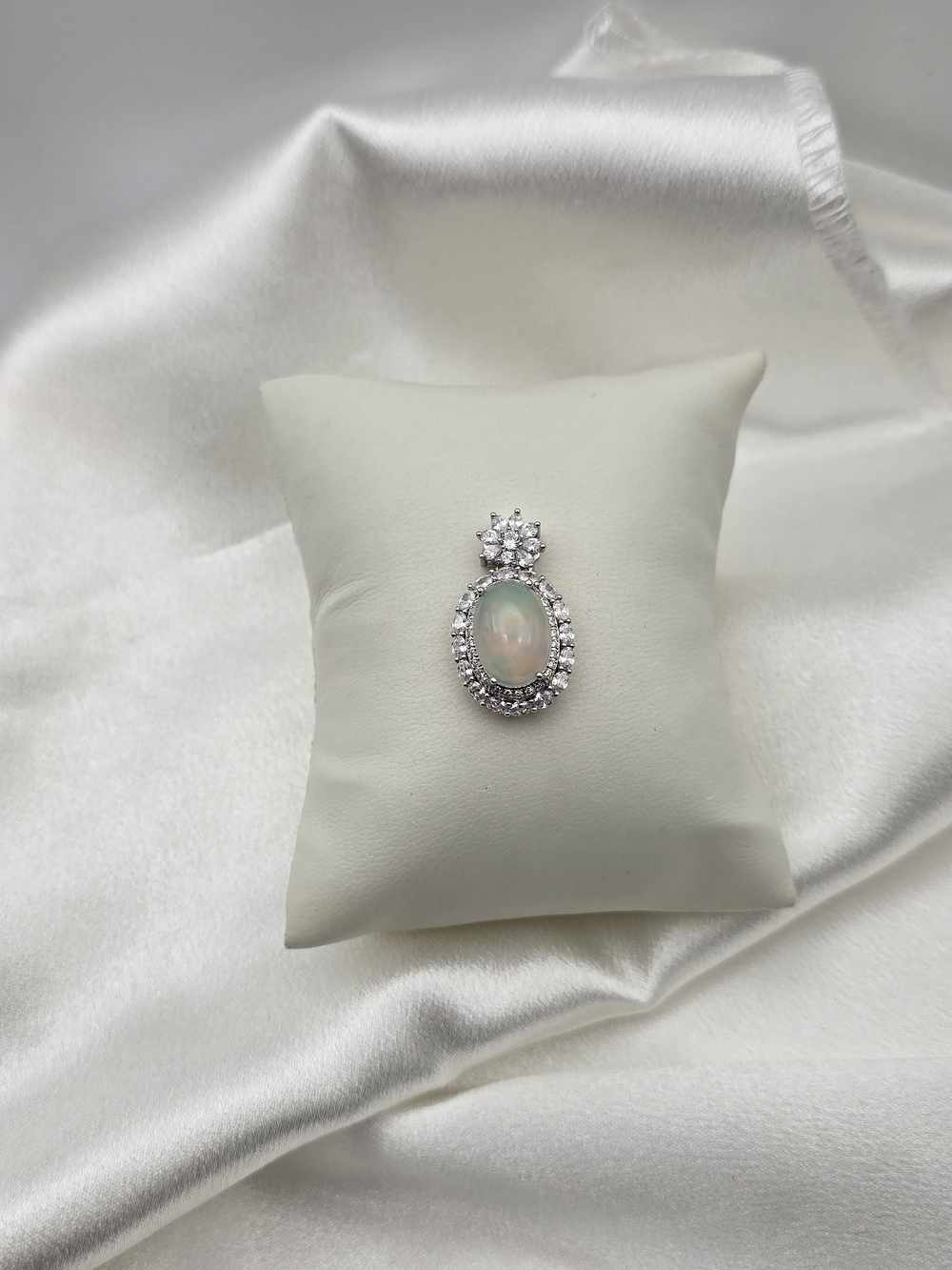 Sterling Silver Opal Halo Pendant - White Opalescent Beauty